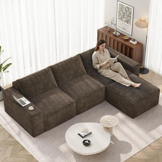 Vesgantti 114" Modular Boneless Couch, Modern 3 Seater Sectional Sofa with Ottoman & Deep Seat, Convertible Chenille L Shaped Cloud Couches for Living Room, No Assembly Required, Dark Brown