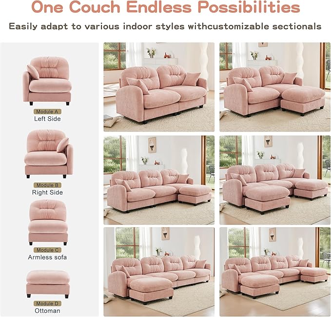 KEIKI 140" L-Shaped Oversized Chenille Modular Sectional Sofa with 1 Ottoman, High-Density Foam Cushions, Tufted Pleated Cushion Backrest, Modern 4-Seater Couch with 2 Pillow, for Living Room, Pink