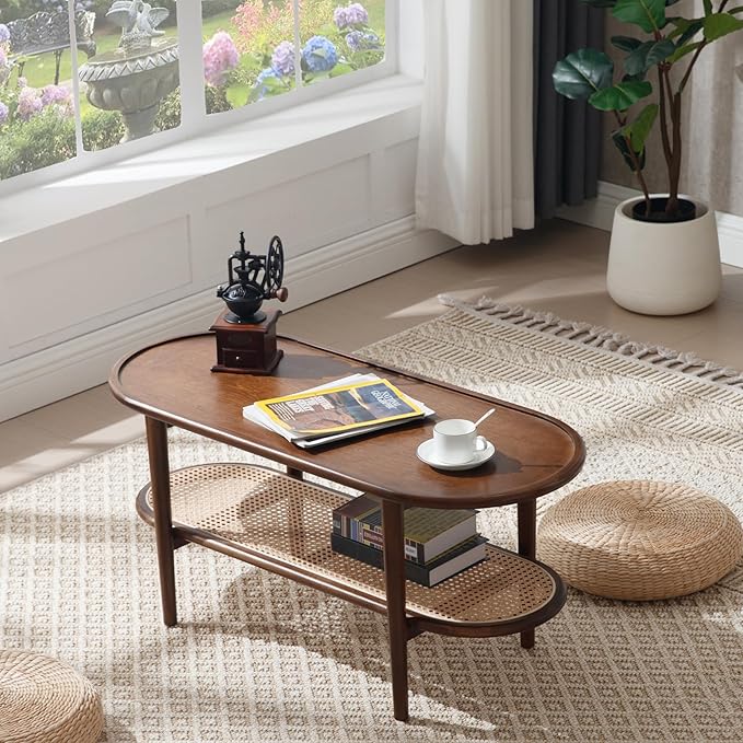 Rattan Wood Mid Century Modern Coffee Table, 39.5" Oval Coffee Table with Cane Wicker Storage Shelf for Living Room, Indoor, Home Décor, Walnut