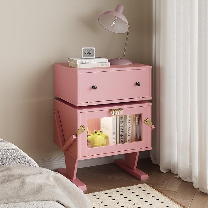 RoyalCraft Large Nightstand Set of 2 with LED Lighs, Pink End Table with 360°Rotating Drawer, Modern Bedside Table with Storage, Wood Night Stand for Bedroom, Home Office, Pink - Image 3