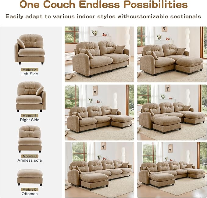 KEIKI 140" L-Shaped Oversized Chenille Modular Sectional Sofa with 1 Ottoman, High-Density Foam Cushions, Tufted Pleated Cushion Backrest, Modern 4-Seater Couch with 2 Pillow, for Living Room, Camel