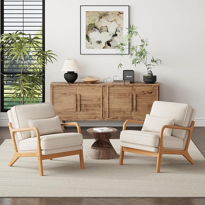 MALOL Mid-Century Accent Chair with Solid Wood Frame, Reading Relaxing Armchair Lumbar Pillow& Soft Cushion, Leisure Chair for Living Room, Bedroom, Waiting Room-Beige