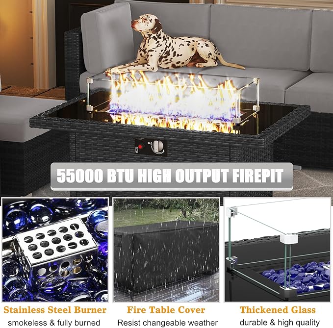 LayinSun 13 Pieces Outdoor Patio Furniture Set with 44" Fire Pit Table Rattan Sectional Sofa Conversation Sets