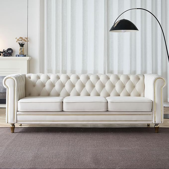 KEIKI 85" Chesterfield Velvet Tufted Button Sofa with Deep Seat Cushions and Rolled Arms, Modern Style 3-Seater Couch Decorated with Gold Strip, Easy Assembly, for Living Room, Bedroom, Office, Beige