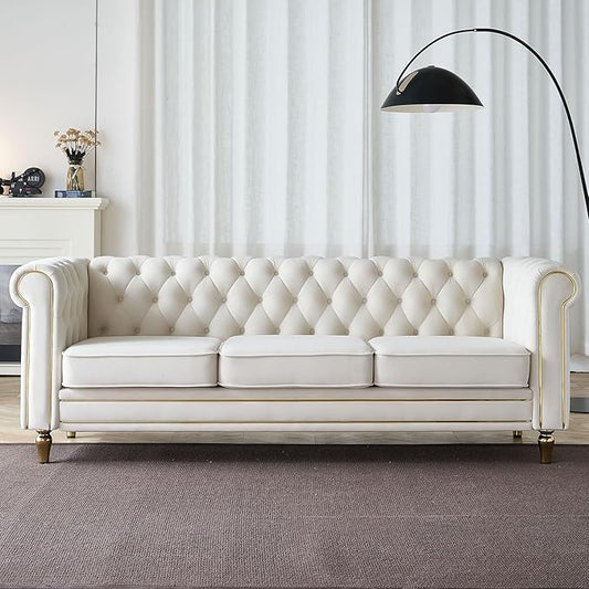 KEIKI 85" Chesterfield Velvet Tufted Button Sofa with Deep Seat Cushions and Rolled Arms, Modern Style 3-Seater Couch Decorated with Gold Strip, Easy Assembly, for Living Room, Bedroom, Office, Beige