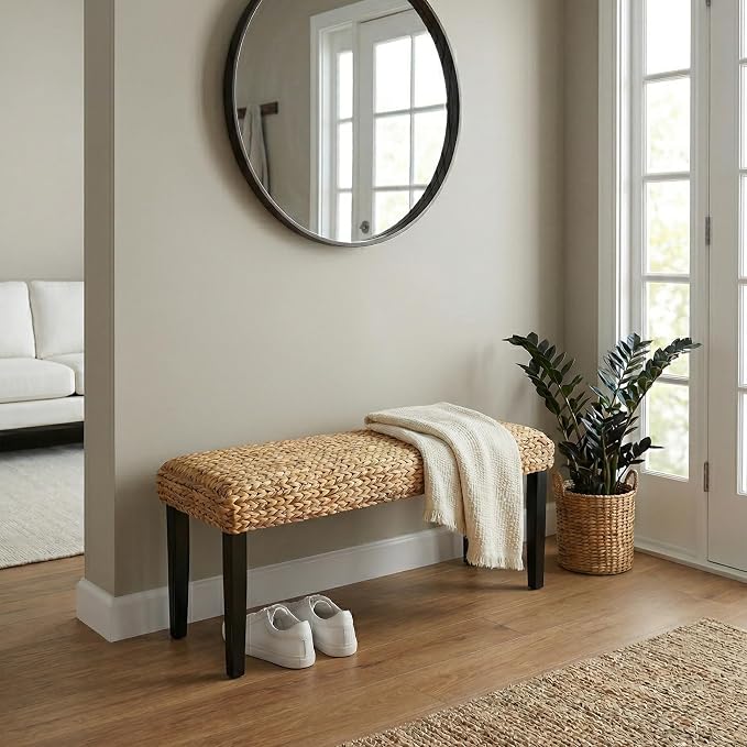 End of Bed Bench for Bedroom, 47" Entryway Bench with Solid Wood Acacia, Water Hyacinth Indoor Bench Seat, Boho Woven Bench for Living Room, Wicker Bench for Hallway or Kitchen, Wood Bench (Black Leg) - Image 3