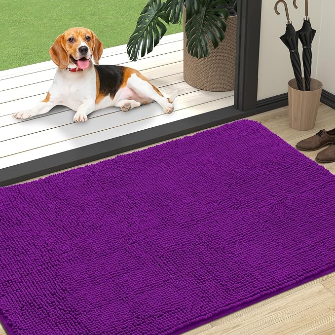OLANLY Dog Door Mat for Muddy Paws 47x32, Absorbs Moisture and Dirt, Absorbent Non-Slip Washable Doormat, Quick Dry Chenille Mud Mat for Dogs, Entry Indoor Entryway Carpet for Inside Floor, Purple by OLANLY