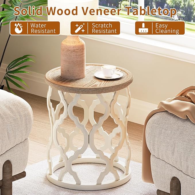 karlott Farmhouse End Table, 18.5'' French Country Round Side Table, Distressed Tray Top Side Table with Curved Motif Frame Base for Boho, End Tables Living Room, Bedroom, Small Space, Easy Assembly