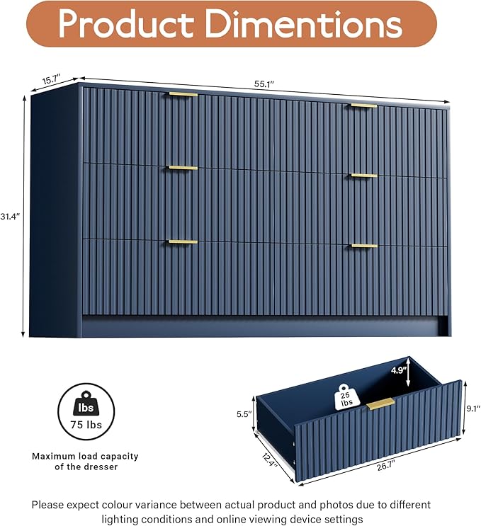 Furniway Blue Dresser Bedroom Set 3 Pieces, Nightstands Sets of 2, 6 Drawer Dresser with Gold Handles for Bedroom