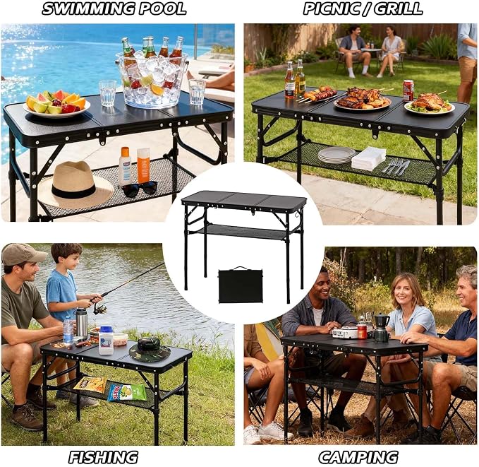YihuiKo Folding Picnic Table with Storage Net, Matte Black Aluminum Folding Table 35" x 16", Adjustable Height Max 27.5", Lightweight Portable for Camping Travel Grill Indoor - Image 6