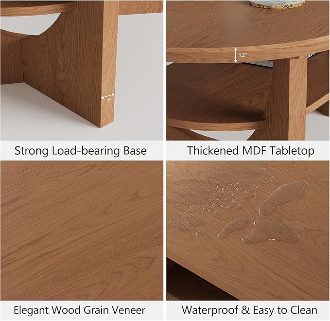 Mid Century Modern Coffee Table, 47" Oval Wood Coffee Tables for Living Room, 2 Tier Curved Round Center Table with Storage Shelf & Sturdy Base, Minimalist Retro Tea Tables