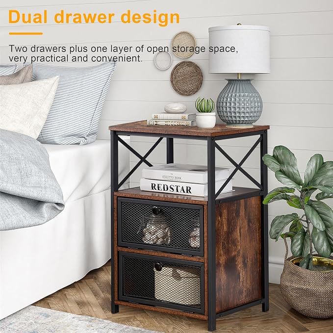 VECELO End Table with flip Drawer and X-Design Side, Modern Style and studry Nightstand for Bedroom Office, Easy Assembly,Set of 2,Rustic Brown - Image 6