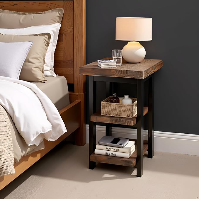 Alaterre Furniture Pomona Living Room Tables – 3-Tier Solid Wood End Table with Metal Legs & Storage Shelves – Modern Rustic Industrial Space-Saving Side Table or Nightstand (Rustic Brown)