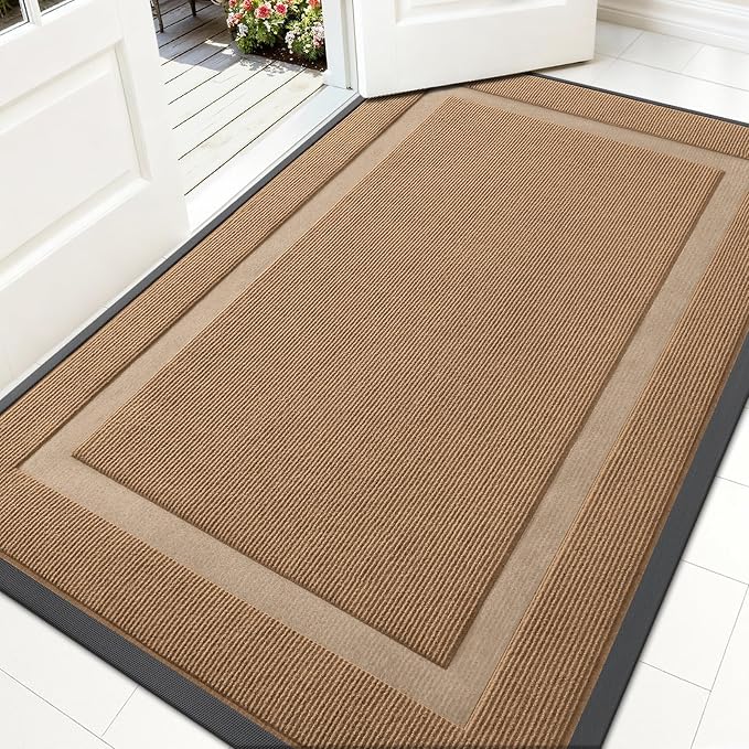 OLANLY Front Door Mat Indoor Outdoor Entrance, Waterproof All-Season, All-Weather Doormat, Sturdy Natural Rubber, Fade Resistant, Low Profile, Easy Clean Patio Porch Entryway Mat, 59x35, Light Brown by OLANLY