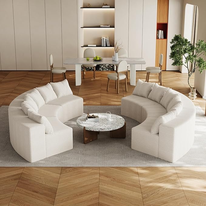 KEIKI 6 Seat Corduroy Curved Sectional Sofa, Symmetrical Modular Semi Circular Couch, Deep Seat Tufted Corner Sofa for Living Room, Lobby, Beige