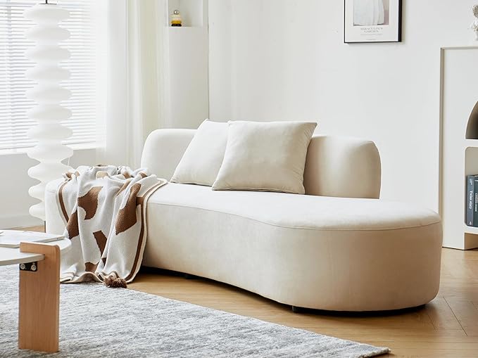 90" Curved Sofa with Throw Pillows, 4 Seater Luxury Velvet Couch with Half Moon Design and High-Density Foam, Ideal for Modern Living Room, Office & Apartment, Ivory White