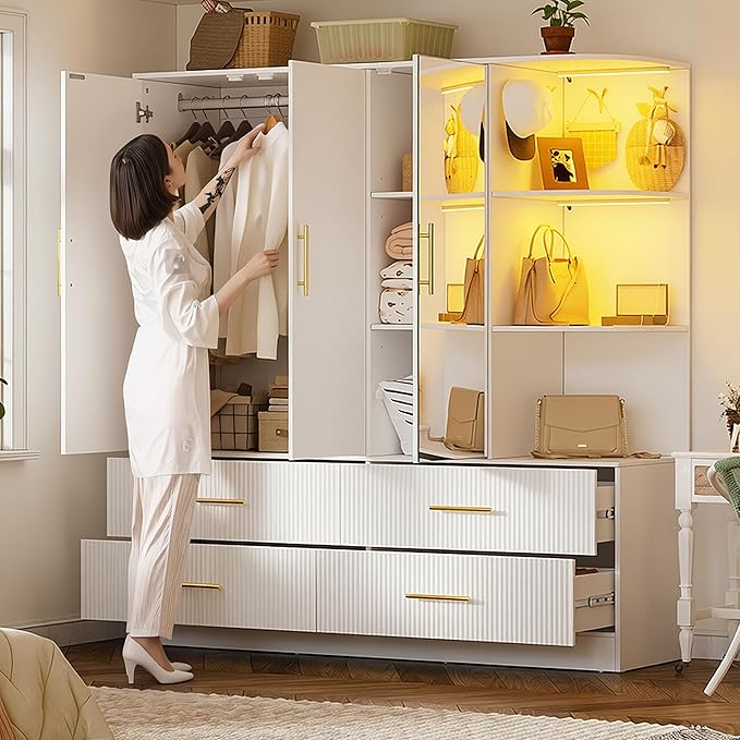 PAKASEPT 3 Door Armoire Wardrobe Closet, 70.87" H Bedroom Armoires with Drawers, Mirror, LED Light, Hanging Rod, Side Hooks, Large Capacity Storage Wardrobe Armoire for Bedroom