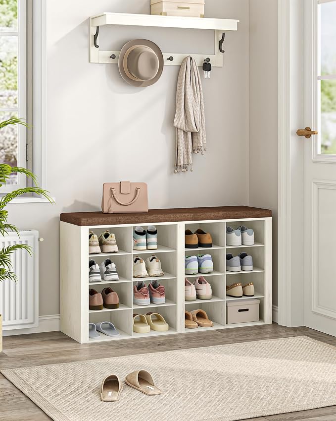 Hzuaneri Shoe Bench with Cushion, Entryway Storage Bench with 16 Cubbies, Cubby Shoe Rack with Adjustable Shelves, Shoe Organizer Cabinet for Living Room, Bedroom, Entryway, Rustic White SB25614KA - Image 2