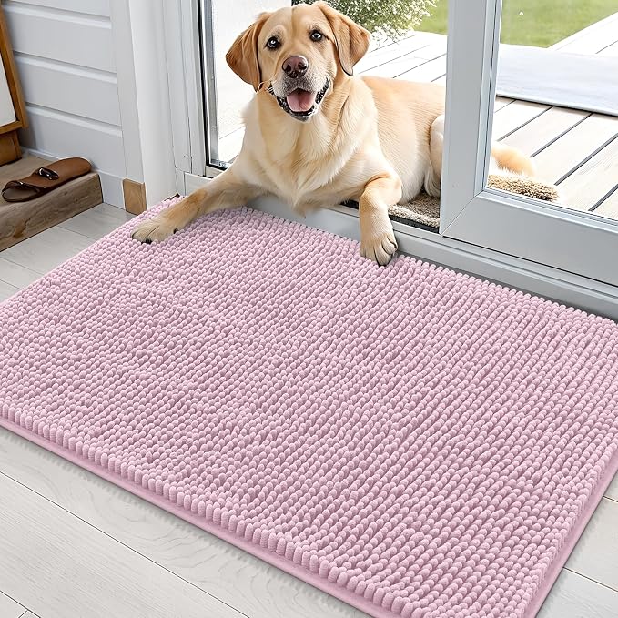 OLANLY Dog Door Mat for Muddy Paws 36x24, Absorbs Moisture and Dirt, Absorbent Non-Slip Washable Doormat, Quick Dry Chenille Mud Mat for Dogs, Entry Indoor Entryway Carpet for Inside Floor, Dusty Rose by OLANLY