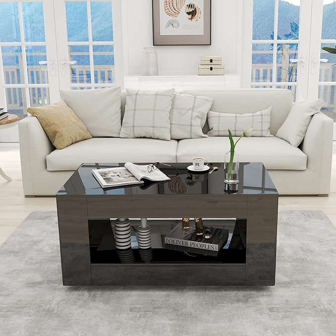 39" High Gloss Wood Coffee Table for Living Room, Sides Storage with Transparent Legs, Modern 2-Tier Storage Shelf Center Table for Home Office, Apartment, Black