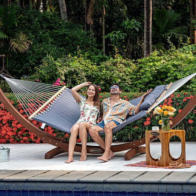 Lazy Daze Hammocks 12 FT Double Quilted Fabric Hammock with Spreader Bar and Detachable Pillow, 2 Person Double for Outside Patio Poolside Backyard Beach, 450lbs Capacity, Gray - Image 2