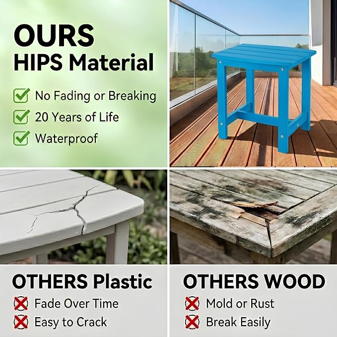 Y&M Outdoor Side Table, HIPS Adirondack Small Single Table, Waterproof Square Outside Table, Balcony Modern End Tables for Patio, Pool, Beach, Porch, Deck, Indoor or Outdoor Use, Bright Blue - Image 7