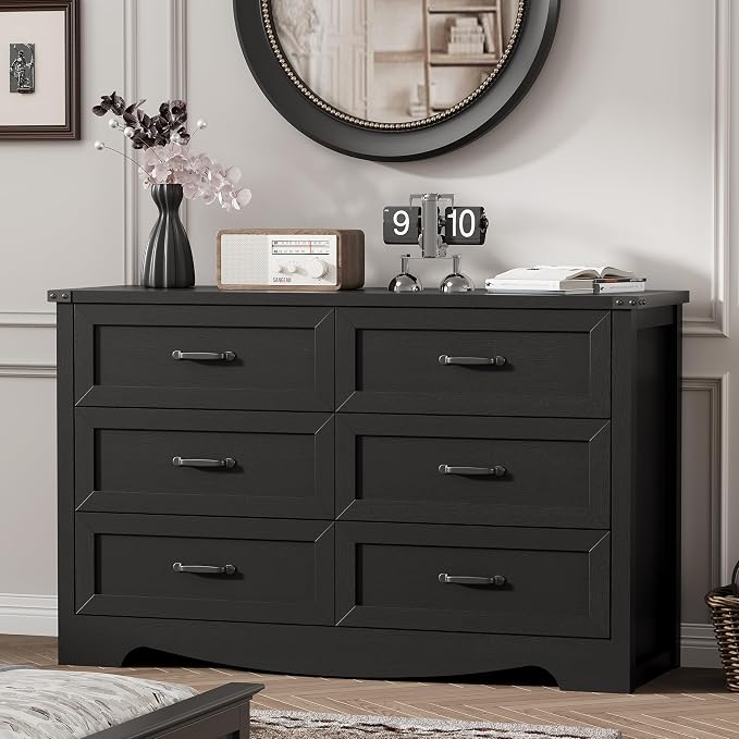 Dresser for Bedroom with 6 Drawers, 48" Wide Wood Chest of Drawers with Deep Drawers & Mental Handle, Modern Dresser TV Stand, Wooden Closet Storage Organizer for Living Room, Hallway, Entryway, Black by Xixini