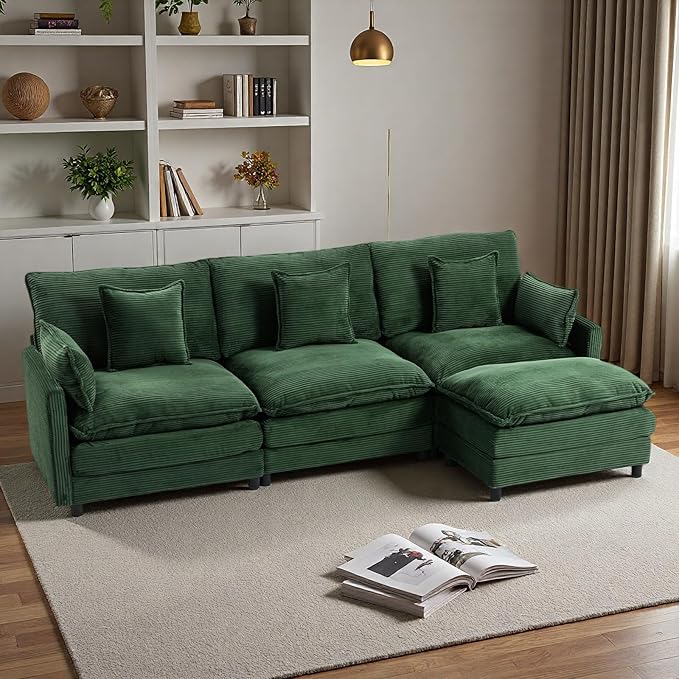 L Shaped Cloud Sofa, 4-Seater Modular Couch with Double Layer Upholstered Seat Cushion, Corduroy Sleeper Sofa with Ottoman & Pillows, Couches for Living Room, Bedrooms & Apartments, Green
