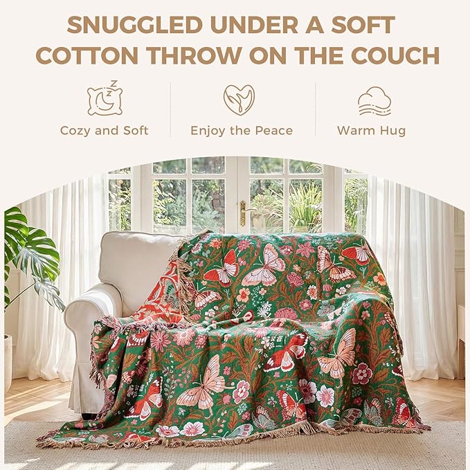 LUTBM Boho Throw Blanket for Couch Sofa Chair Cotton Spring Blankets for Bedroom Living Room All Season Lightweight Reversible Butterflies Embroidery Throws 50"x60"