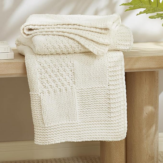 Amélie Home Knit Throw Blanket, Soft Chenille Cozy Breathable Checkered Chunky Decorative Blanket for Couch, Bed & Sofa, French-Inspired Lightweight Warm Gift for Women, Ivory, 50"x60"