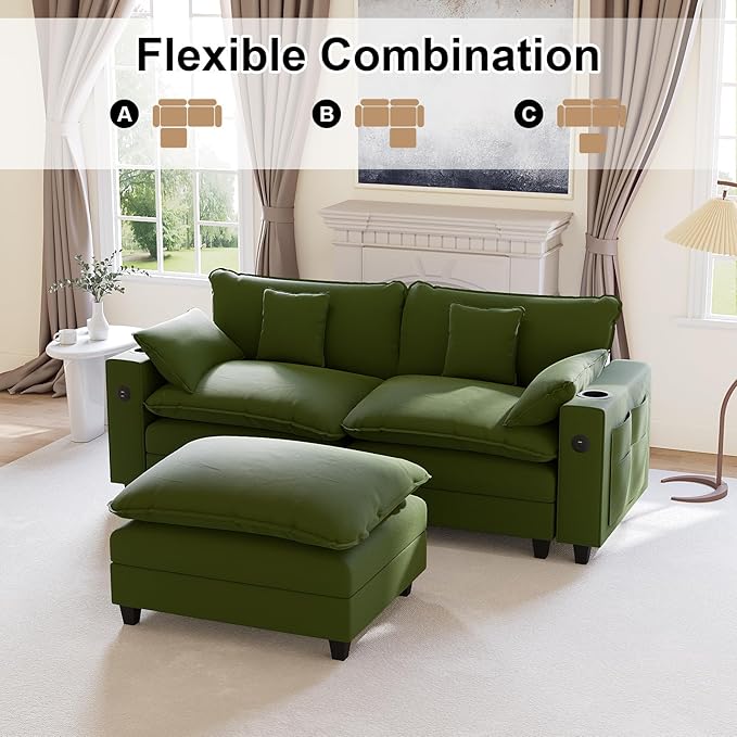 80.7" Modular Sectional Sofa, L Shaped Cloud Couch with Movable Ottoman, Chenille Deep Seat Cloud Sofa with Charging Station, Cup Holder, Side Pocket, Sectional Couches for Living Room, Green