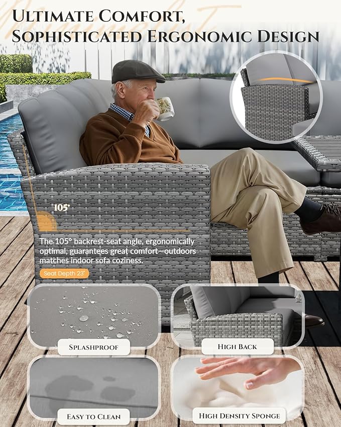 U-MAX 7 Pieces Patio Furniture Set, Outdoor Sectional Sofa Conversation Set, All Weather Wicker Rattan Dining Table & Chair with Ottoman, Grey Rattan&Grey Cushion