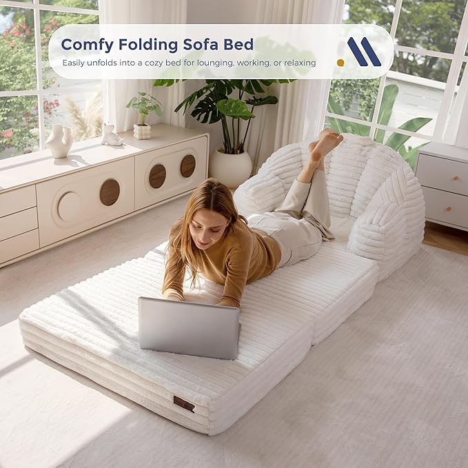 MAXYOYO Folding Sofa Bed, 2 in 1 Convertible Sofa to Lounger Comfy Faux Fur Bean Bag Chair for Adults, Floor Single Sleeper Couch Chair with Handle, Couch Bed for Living Room Bedroom, Beige