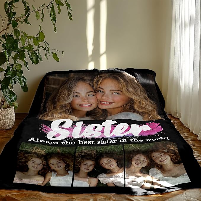Personalized Best Sister Ever Gifts, Custom Blanket with Pictures Text, Birthday Gifts for Sister, Personalized Blanket with Photo for Women Best Friend, Besties, Friendship, BFF