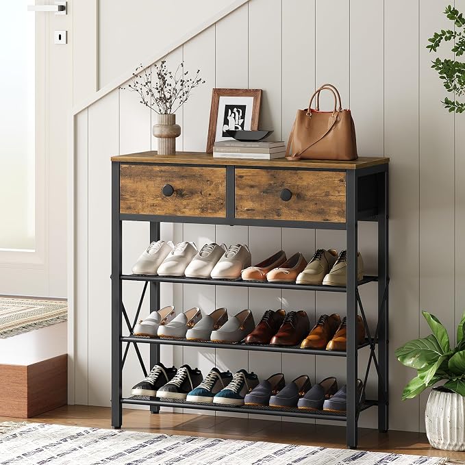 YATINEY 4 Tier Shoe Rack, Large Capacity Shoe Storage Organizer, Metal Shoe Shelf with Drawer and Wooden Top, for 16 Pairs of Shoes, for Entryway, Closet, Rustic Brown and Black SS24BR - Image 2