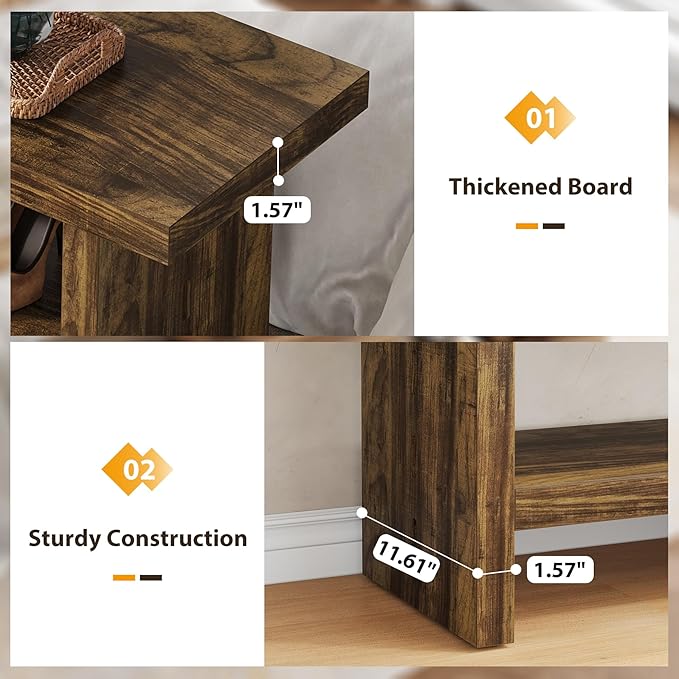 2 Tier Entryway Bench, 47.24" Shoe Bench, Rustic Shoe Rack, Wooden Storage Bench for Entryway Hallway Living Room Bedroom, Easy Assembly, Rustic Brown - Image 4