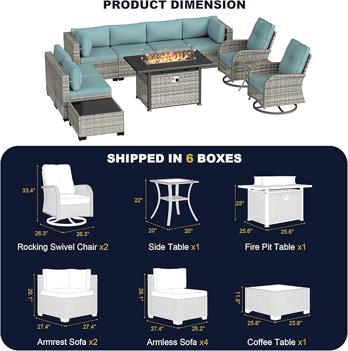 11-Piece Outdoor Patio Furniture Set with Rocking Swivel Chair, Wicker Rattan Sectional Sofa Conversation Set with 55,000 BTU Fire Pit Table, Backyard Furniture, Light Blue