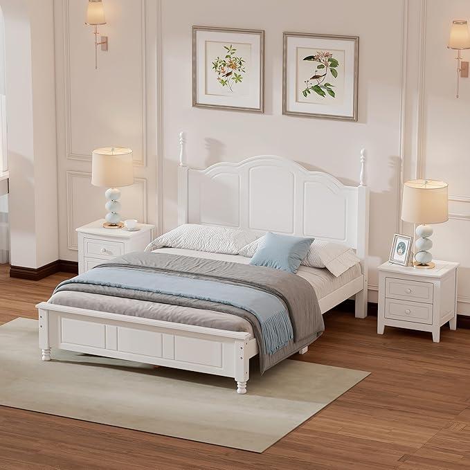 Harper & Bright Designs 3 Pieces Full Bedroom Sets, Wooden Platform Bed with 2 Nightstands, Retro Design Full Bedroom Furniture Sets, Easy to Assemble (White)