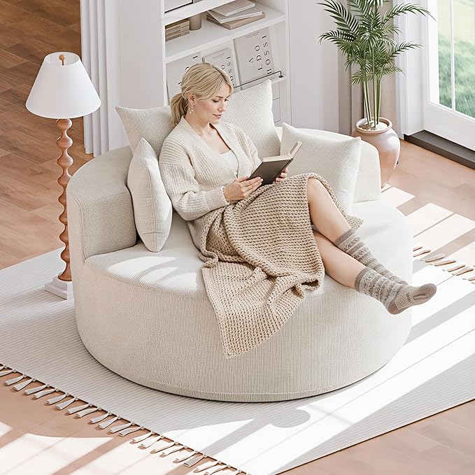 55'' Oversized Round Boneless Chaise Lounge Chair Indoor, Upholstered Corduroy Deep Seat Cloud Large Circle Sofa Couches Bed Corduroy Modern Floor No Assembly Sleeper Bed for Living Room, Bedroom