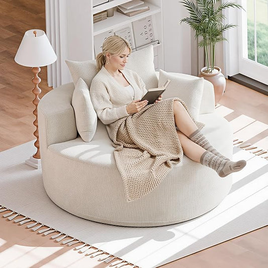 55'' Oversized Round Boneless Chaise Lounge Chair Indoor, Upholstered Corduroy Deep Seat Cloud Large Circle Sofa Couches Bed Corduroy Modern Floor No Assembly Sleeper Bed for Living Room, Bedroom