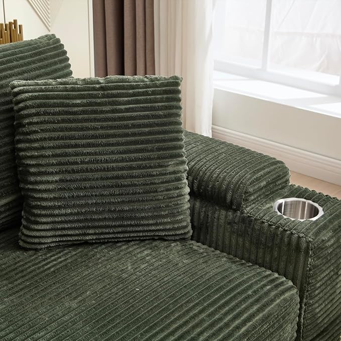 KEIKI Combination Sofa Bed Set, 4 Seat Chaise Lounge Sofa with Armrest Storage, Cupholders, USB, Deep Seat Couch Reading Chairs for Living Room, Green