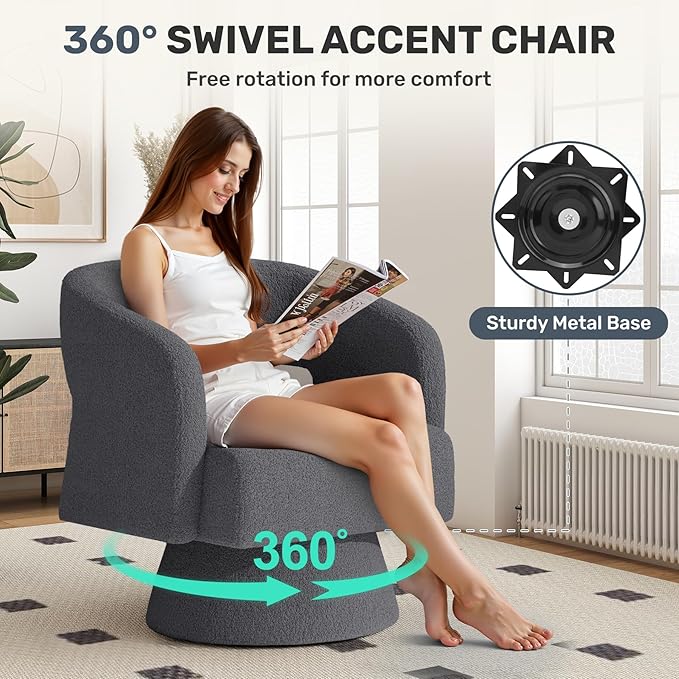 Nebuaegis Swivel Accent Chair Set of 4, Modern Comfy Teddy Barrel Chairs, Oversized Upholstered Round Arm Chair for Living Room, Bedroom, Reading Room, Dark Grey