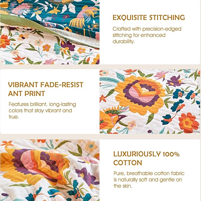 Boho Throw Blanket - 60"x80" 100% Cotton Ultra Soft Lightweight Blanket, 4-Layer Breathable Muslin Spring Blankets for Bed Couch, Reversible Green Floral Bird Printed Bohemian Cotton Quilt