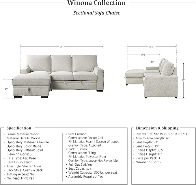 Lexicon Mid Century Modern Sectional Sleeper Sofa Bed Couch with Storage Chaise, Sectional Sofa Pull Out Couch Bed, Sectional Couch Lounge Sofa for Living Room Apartment, Left Side Chaise, Beige