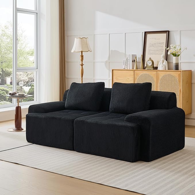 Modular Sectional Sofa, Boneless Couches for Living Room, Corduroy Couch, Big Comfy Couch, Modular Cloud Sofa with Deep Seat (Black, 2 Pieces-Loveseat)