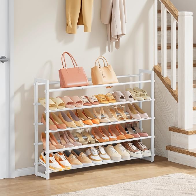 FAVOOSTY 3-Tier Expandable Shoe Rack, Adjustable Shoe Shelf Storage Organizer Space Saving Metal Free Standing Shoe Rack for Entryway Closet Doorway, Silver Grey (White, 5 Tier) - Image 7