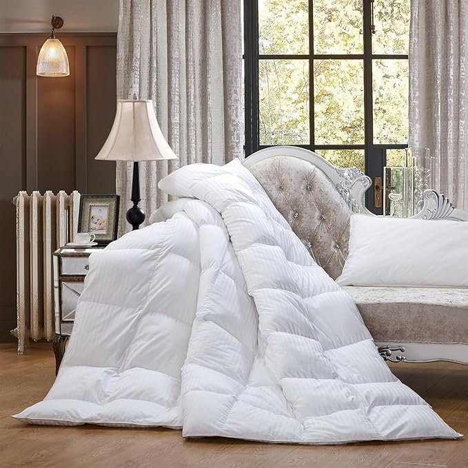 Luxurious All-Season Goose Down Comforter Duvet Insert, Exquisite Oversized Queen White Stripe Design, 98" X 98 ", 100% Cotton Down Proof Fabric, 70 oz. Fill Weight