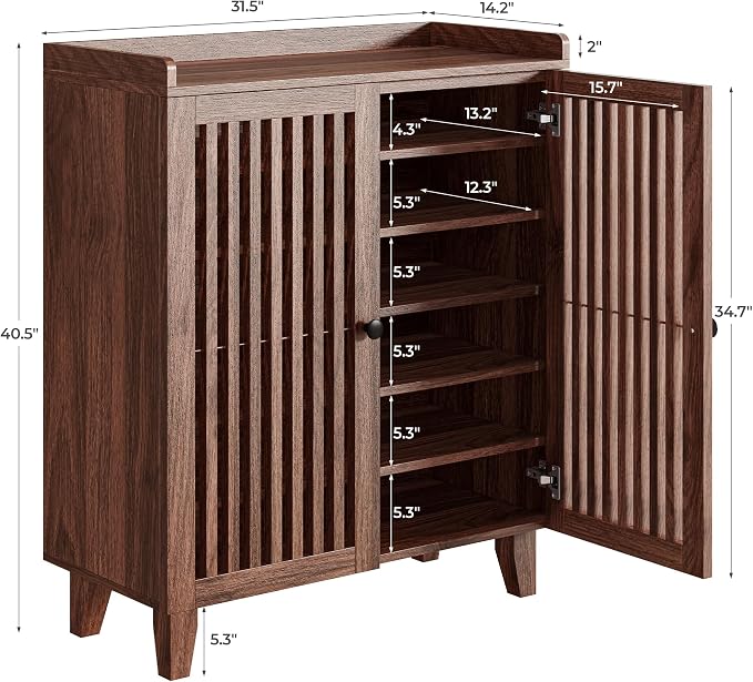 IRONCK Shoe Cabinet with Slatted Doors, 6-Tier Shoe Storage Cabinet with Adjustable Shelves, Wooden Shoe Rack Organizer for Entryway, Hallway, Closet, Living Room, Walnut - Image 2
