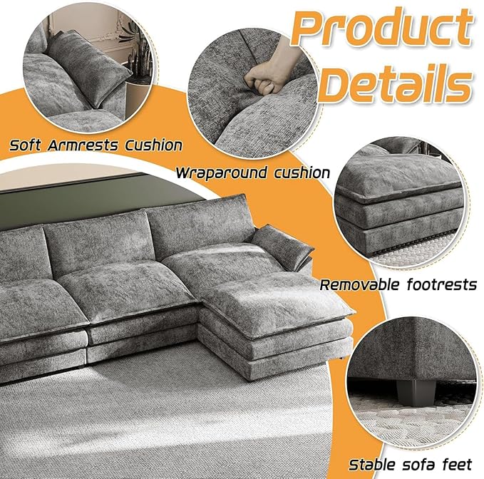 Shahoo Sectional Modular Sofa U Shaped Chenille Fabric Couch with High Supportive & Soft Sponges and Removable Ottoman, Sleeper Comfy Upholstered Furniture for Living Room, Dark Grey