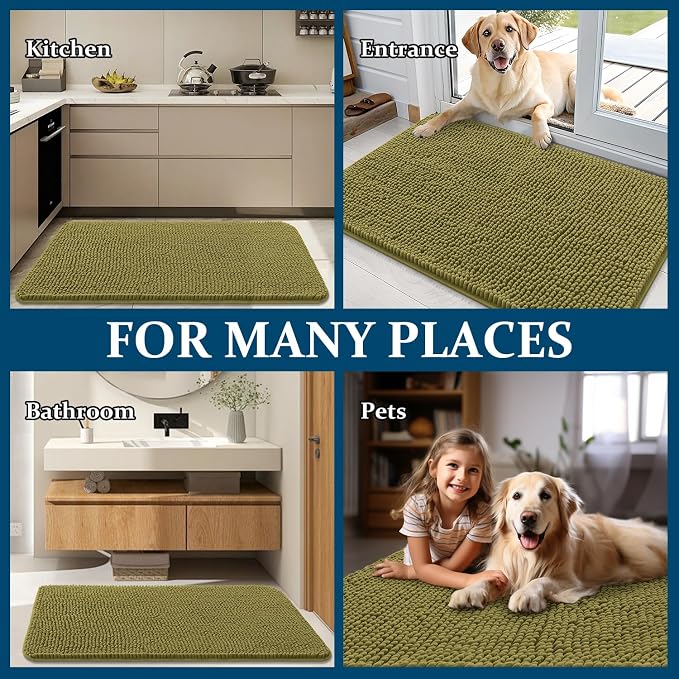 OLANLY Dog Door Mat for Muddy Paws 70x35, Absorbs Moisture and Dirt, Absorbent Non-Slip Washable Doormat, Quick Dry Chenille Mud Mat, Entry Indoor Entryway Carpet for Inside Floor, Willow Green - Image 8